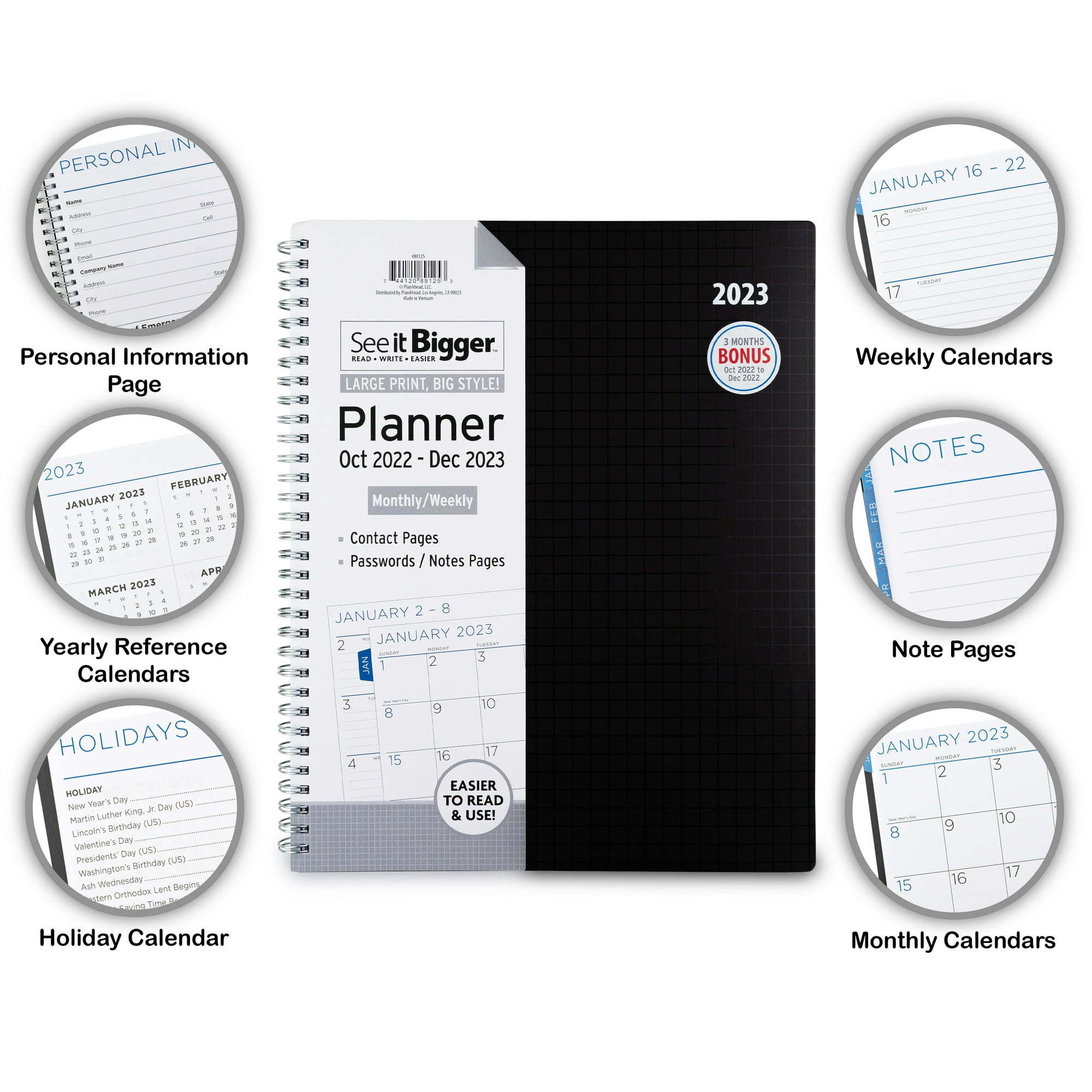 See It Bigger Monthly & Weekly Planner,  (9.75" x 11") Black