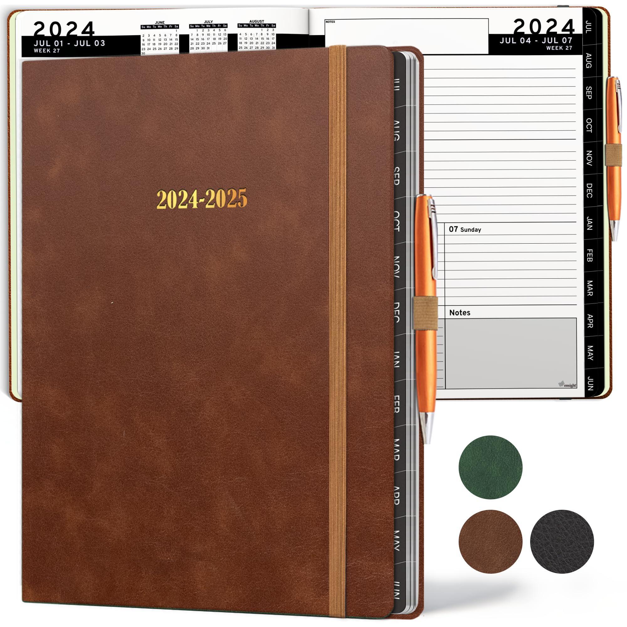 HARDCOVER Leather Planner Weekly Monthly 8.5x1 Inch Academic Planner Business Personal or Student Pen Holder Bookmark Notes Pages Thick Paper July 2024 June 2025 Brown