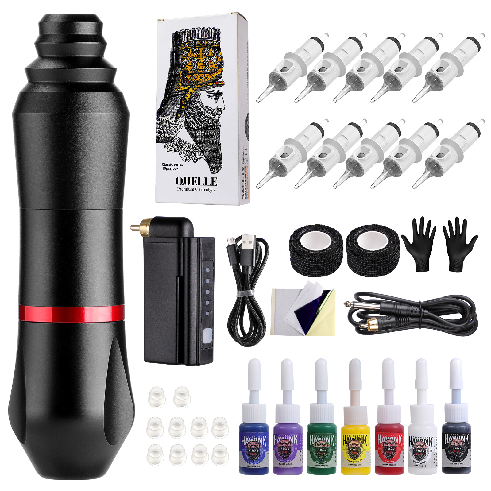 HAWINK Wireless Tattoo Machine Rotary Pen Kit 20pcs Tattoo Needles Cartridge Tattoo Grip Tape Wrap Makeup Art Tattooist Supply